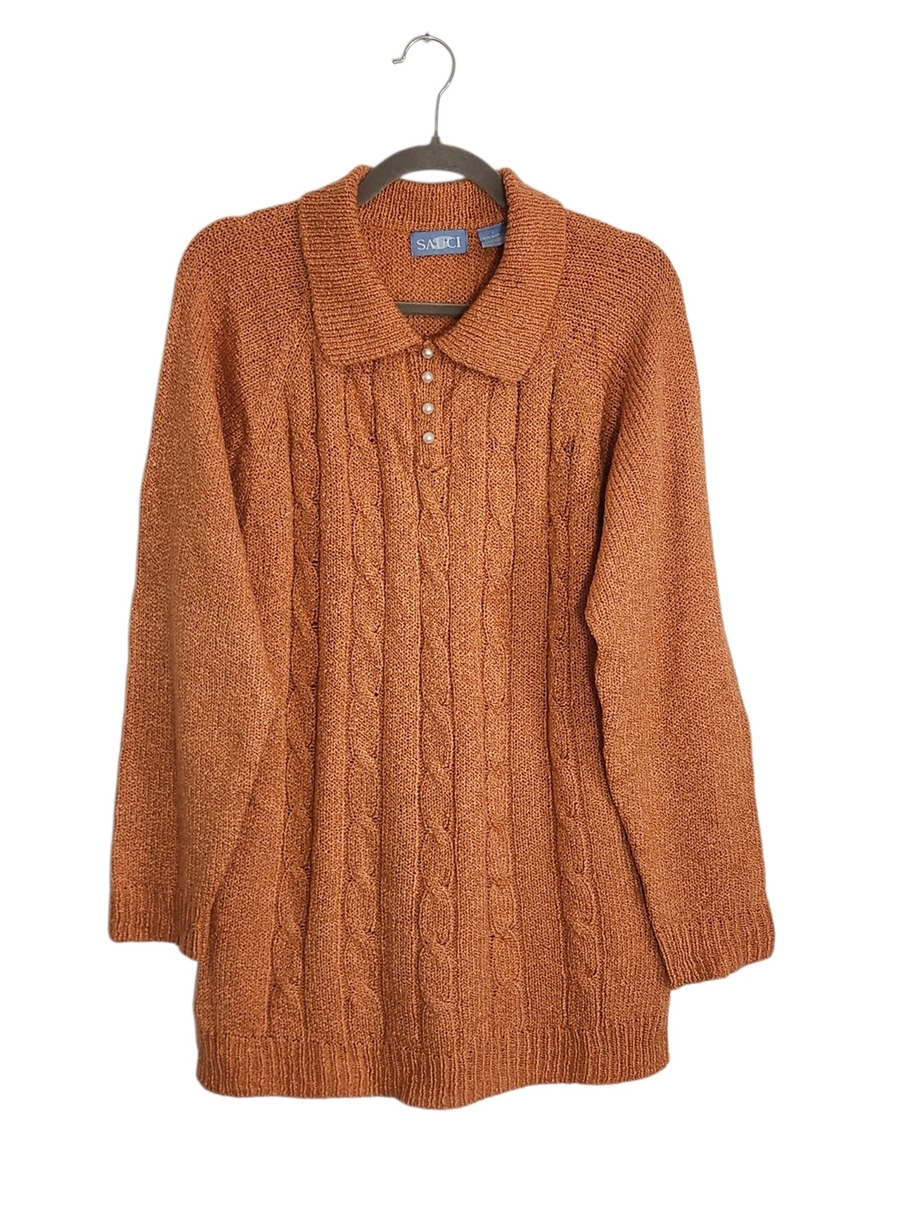 Sauci Orange Knit Sweater Tunic with Faux Pearl Buttons Size Large